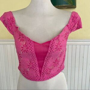 Pink Lace Off-Shoulder Crop Top By Foxiedox With Back Zipper Closure